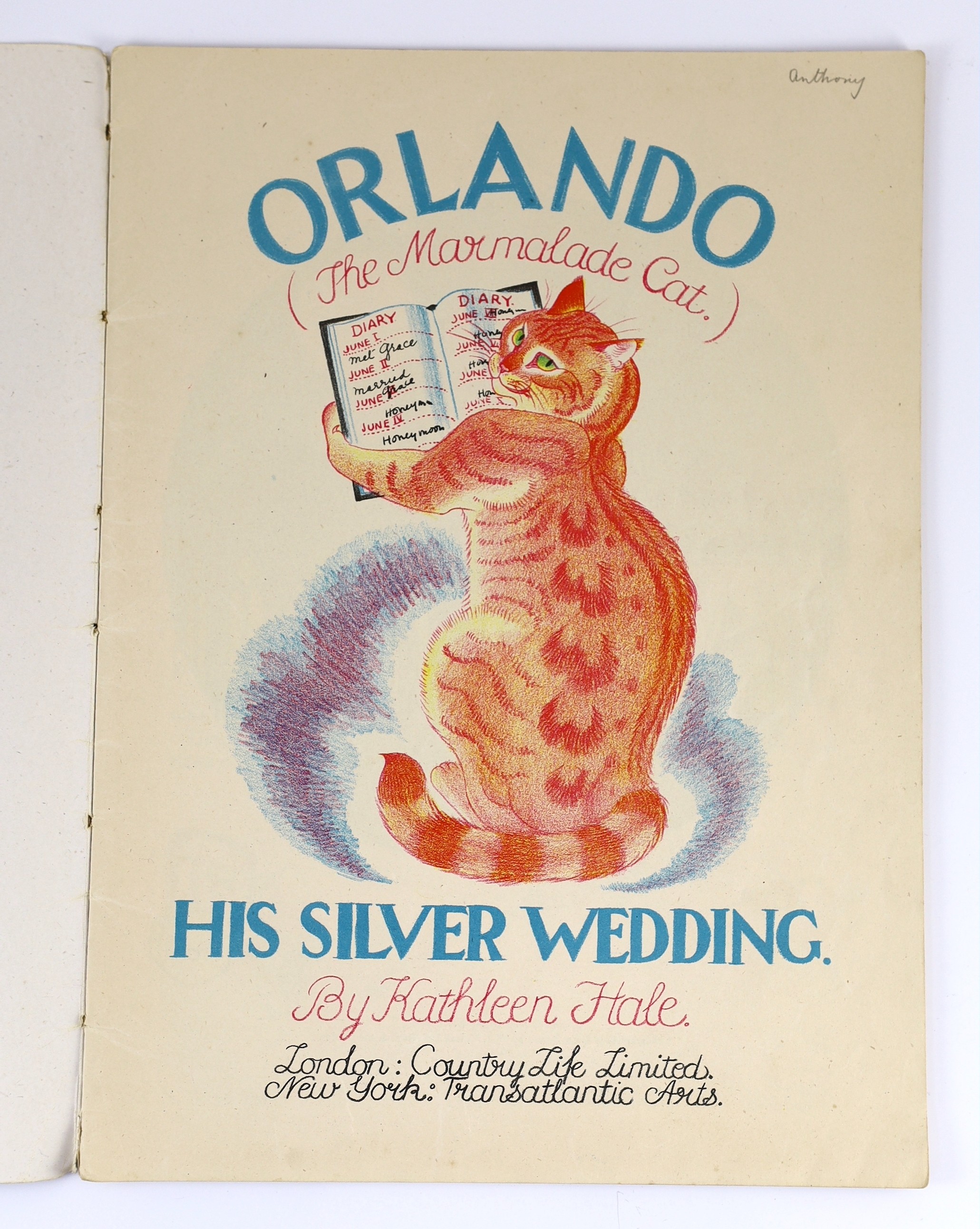 Hale, Kathleen - Orlando (the Marmalade Cat). Becomes a Doctor. First edition, coloured pictorial title and coloured illus. throughout. publisher's coloured pictorial wrappers, folio.